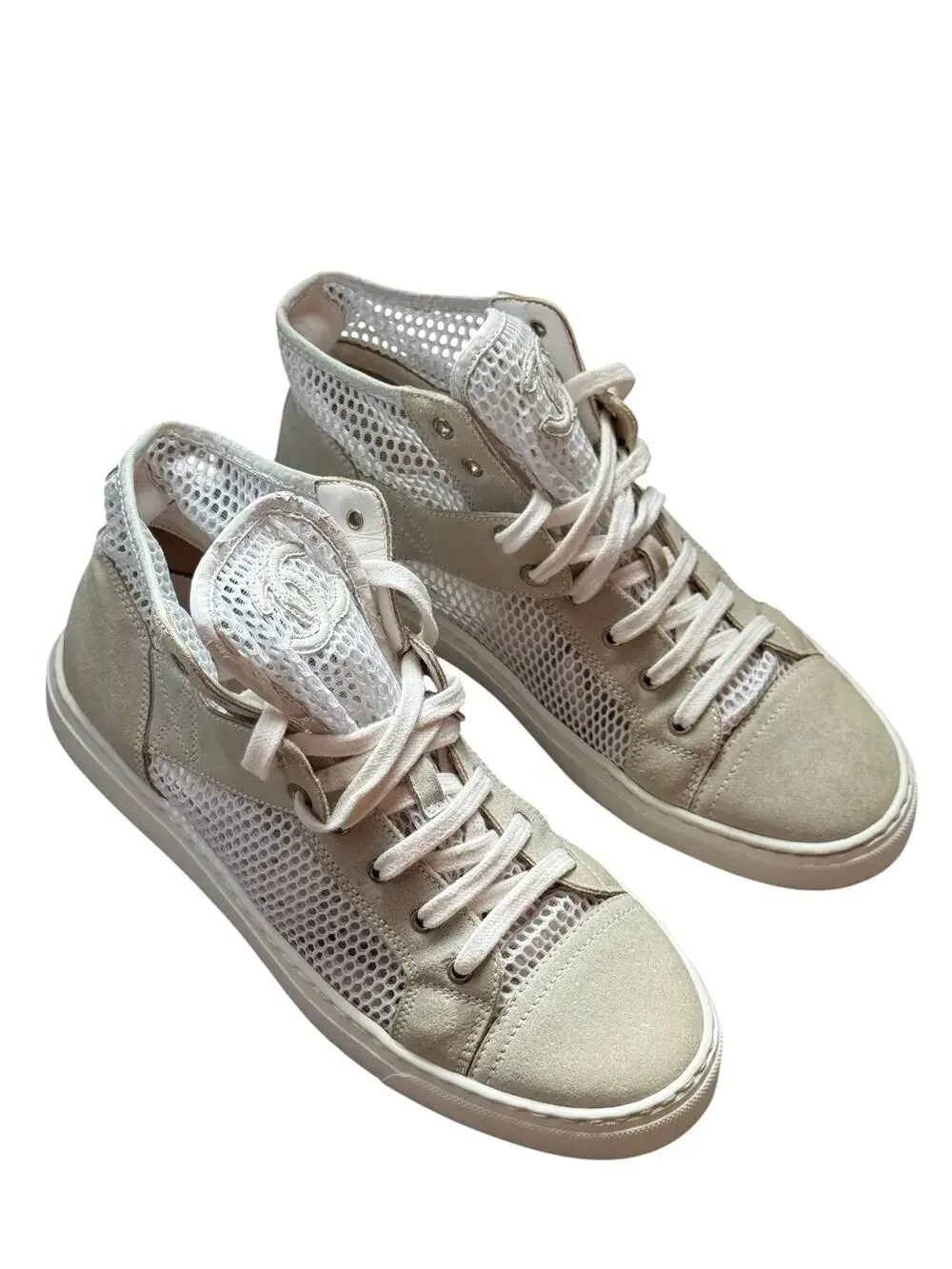 Chanel CC Logo White Mesh Suede High Top Sneakers Made in Italy